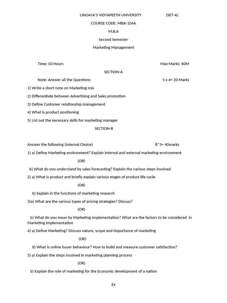 MBA Marketing Management Exam Guide | PDF