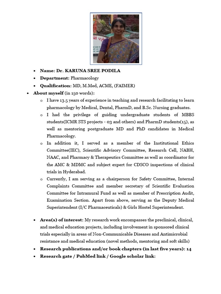 Dr. Karuna Sree Podila: Pharmacology Expert | PDF | Doctor Of Medicine ...