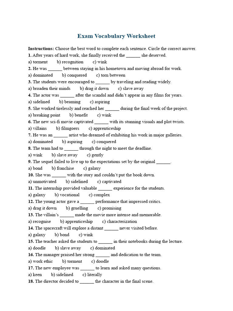 Exam Vocabulary Worksheet for Students | PDF