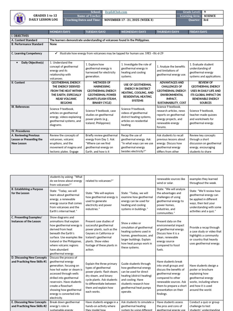 Geothermal Energy Lesson Plan for Grade 9 | PDF | Geothermal Energy ...
