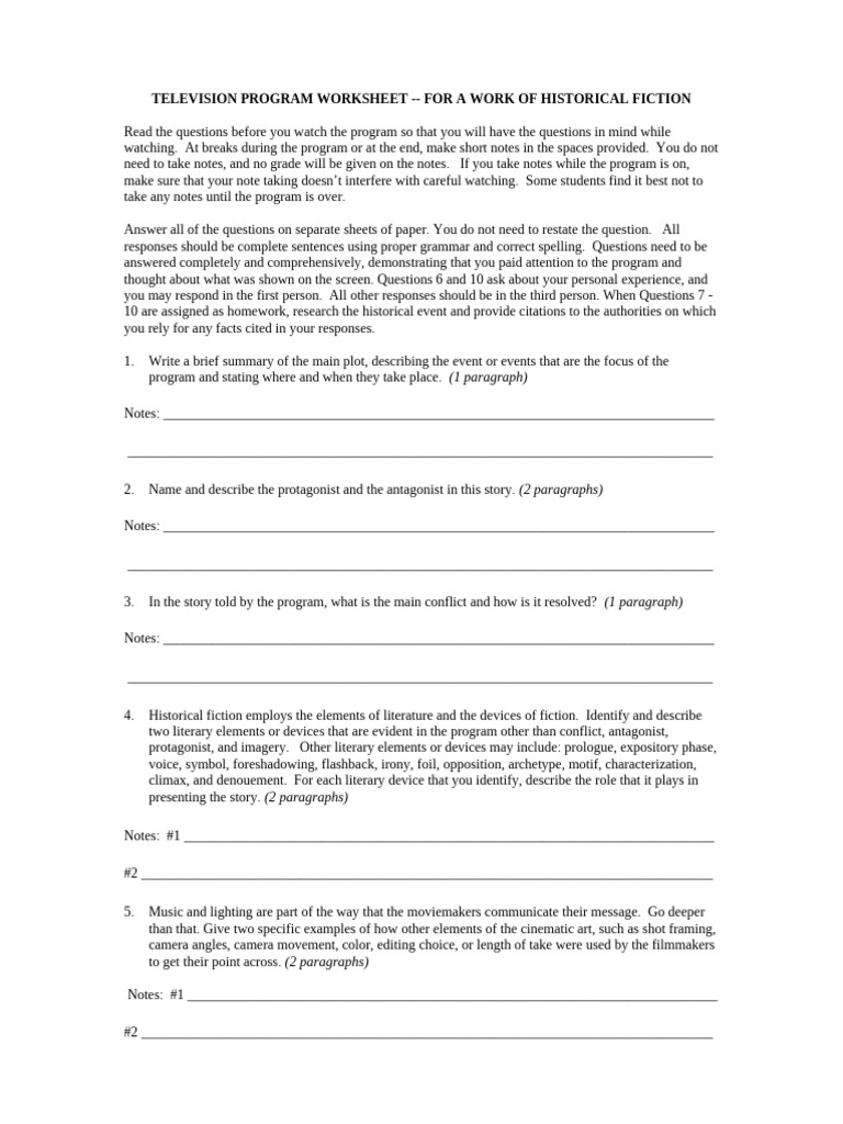 Film Study Worksheet Historical Fiction TV | PDF
