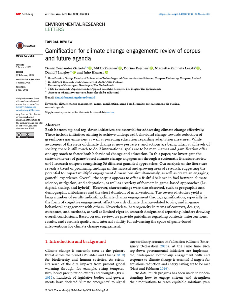 Gamification For Climate Change Engagement Review | PDF ...