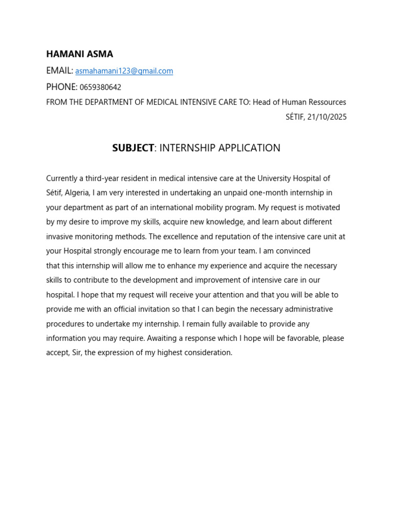 Internship Application for Medical Intensive Care | PDF