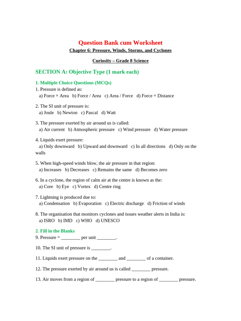 Grade 8 Science: Pressure & Cyclones Worksheet | PDF | Pressure | Lightning