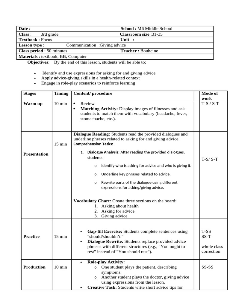 3rd Grade Lesson Plan: Giving Advice | PDF | Reading Comprehension ...