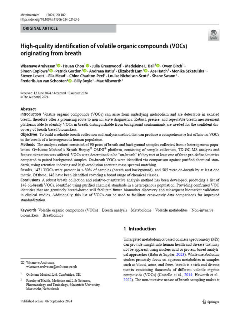 Breath Analysis of VOCs for Biomarkers | PDF | Metabolomics | Volatile ...
