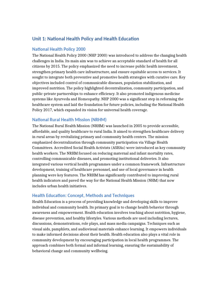 Unit 1 National Health Policy and Health Education | PDF | Empowerment ...