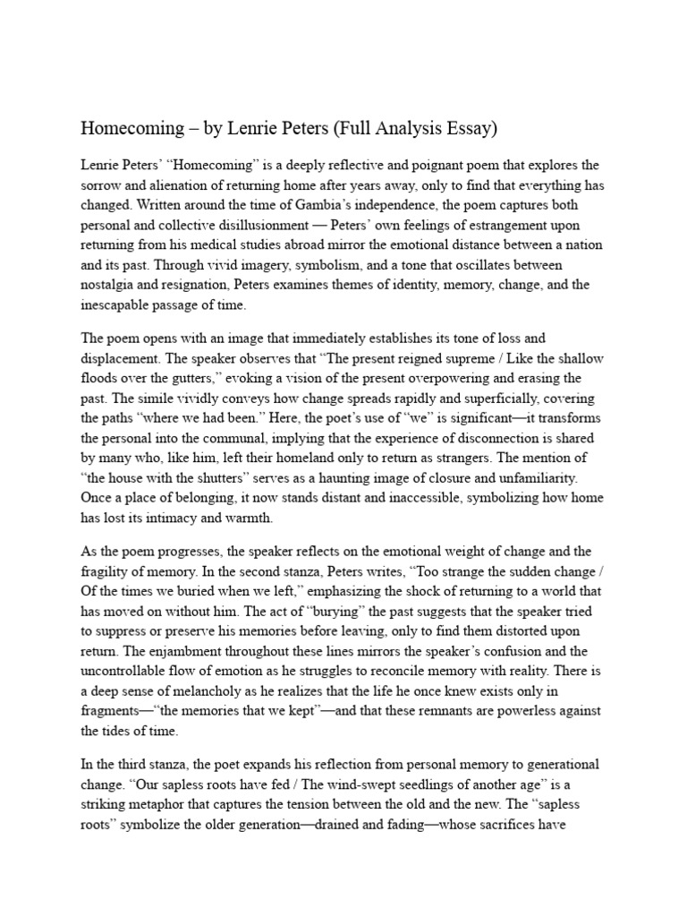 Analysis of Lenrie Peters' "Homecoming" | PDF | Poetry