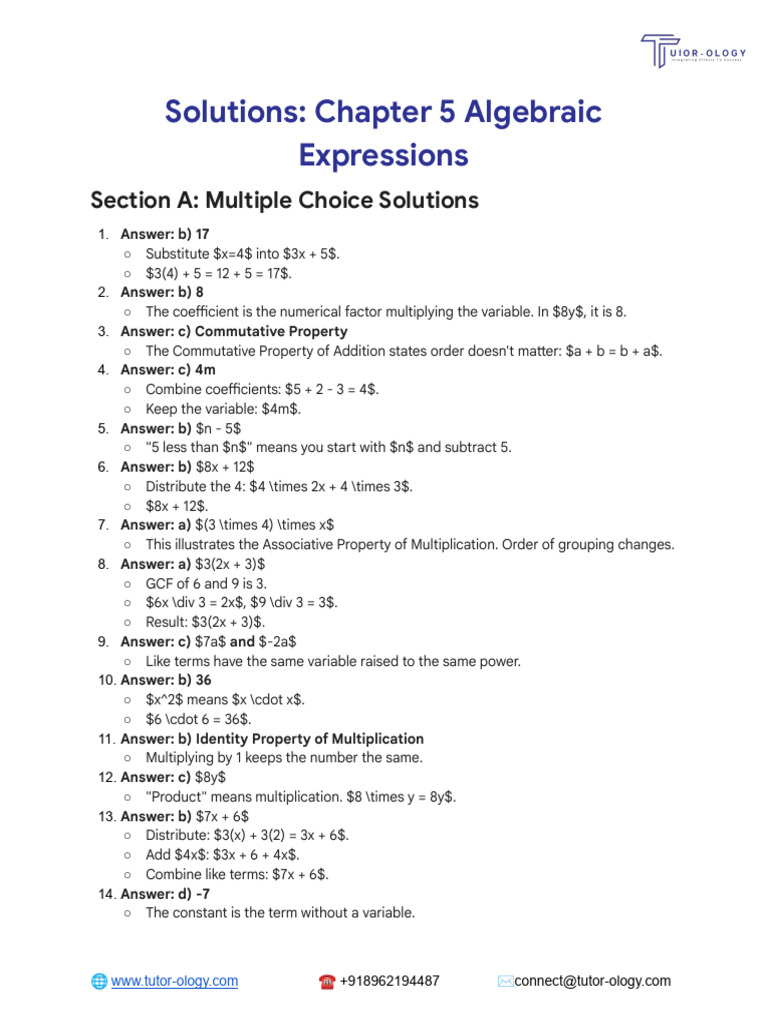 Algebraic Expressions Solutions Guide | PDF | Multiplication | Arithmetic