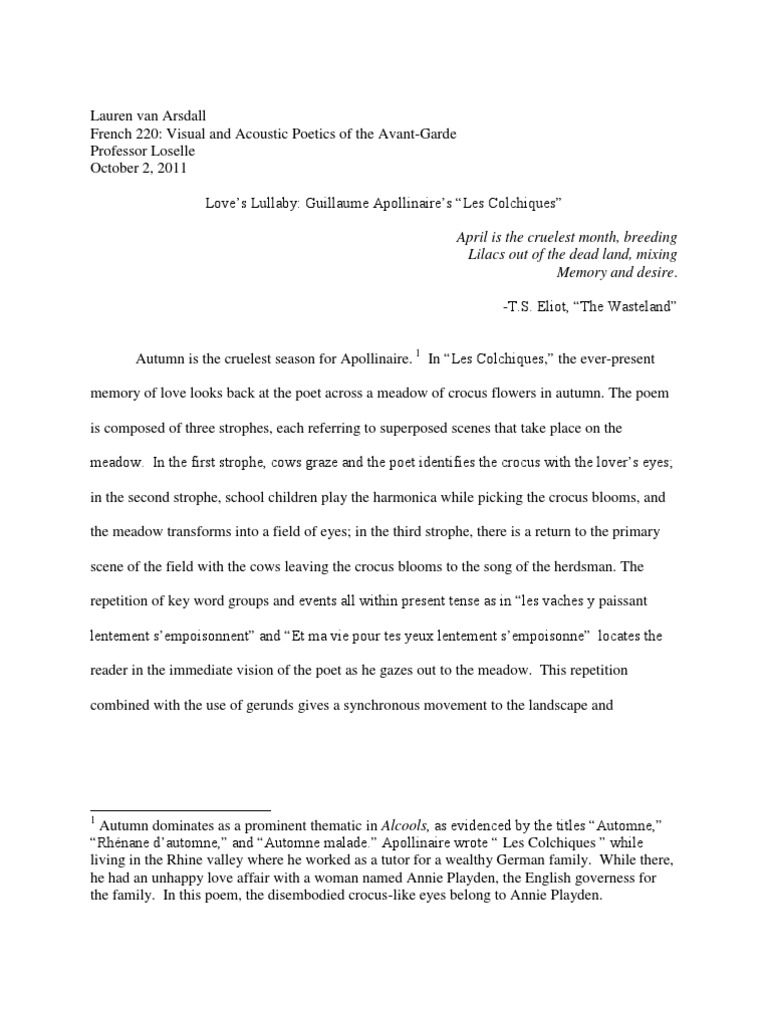Guillaume Apollinaire's "Les Colchiques PDF Lullabies Poetry