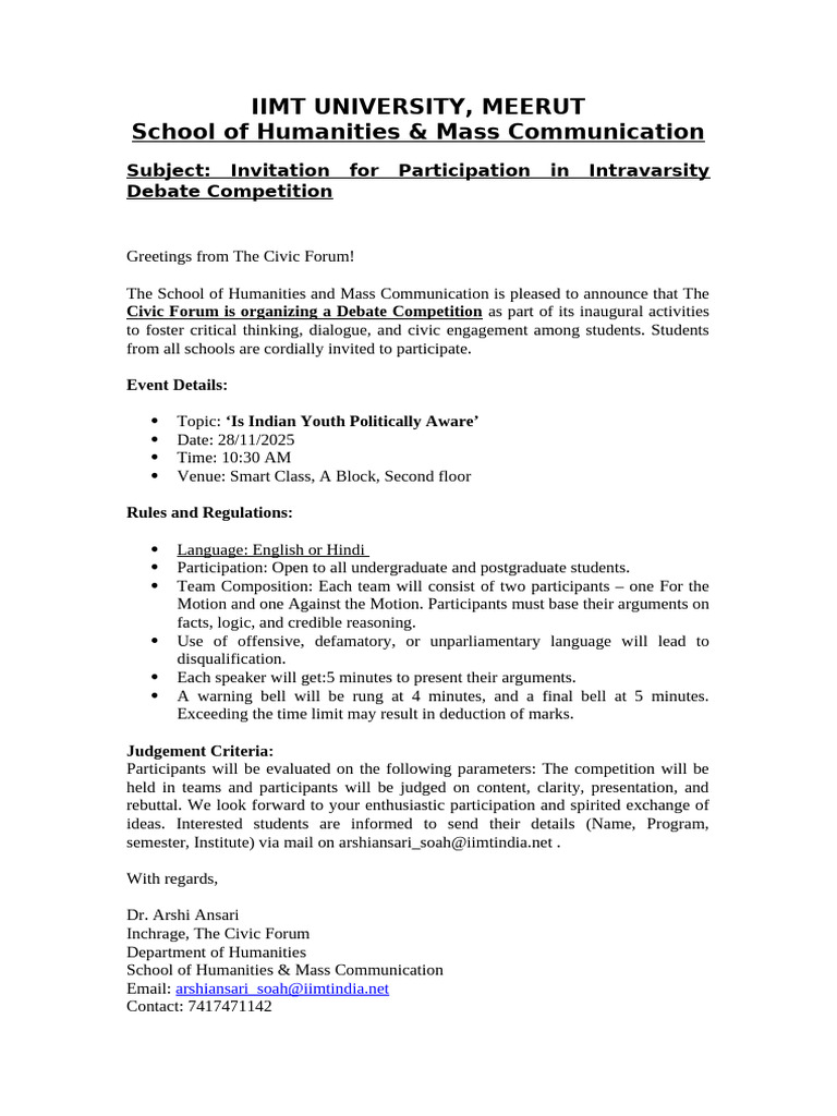 IIMT University Debate Competition Invite | PDF