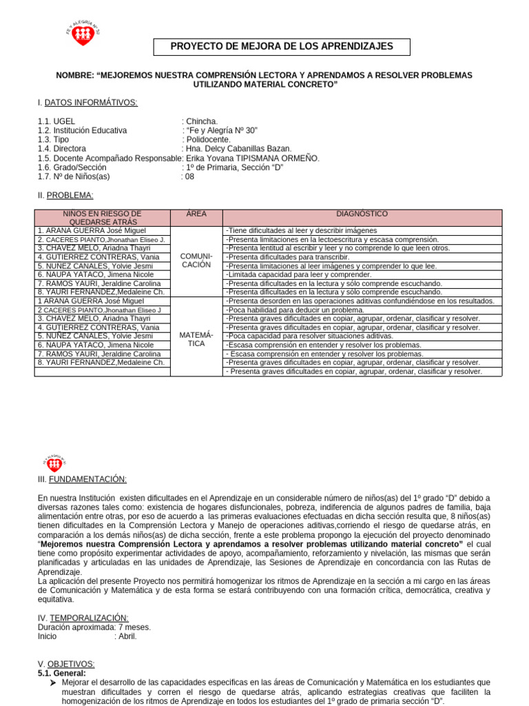 Mejora de Comprensión Lectora y Matemática | PDF | Aprendizaje ...