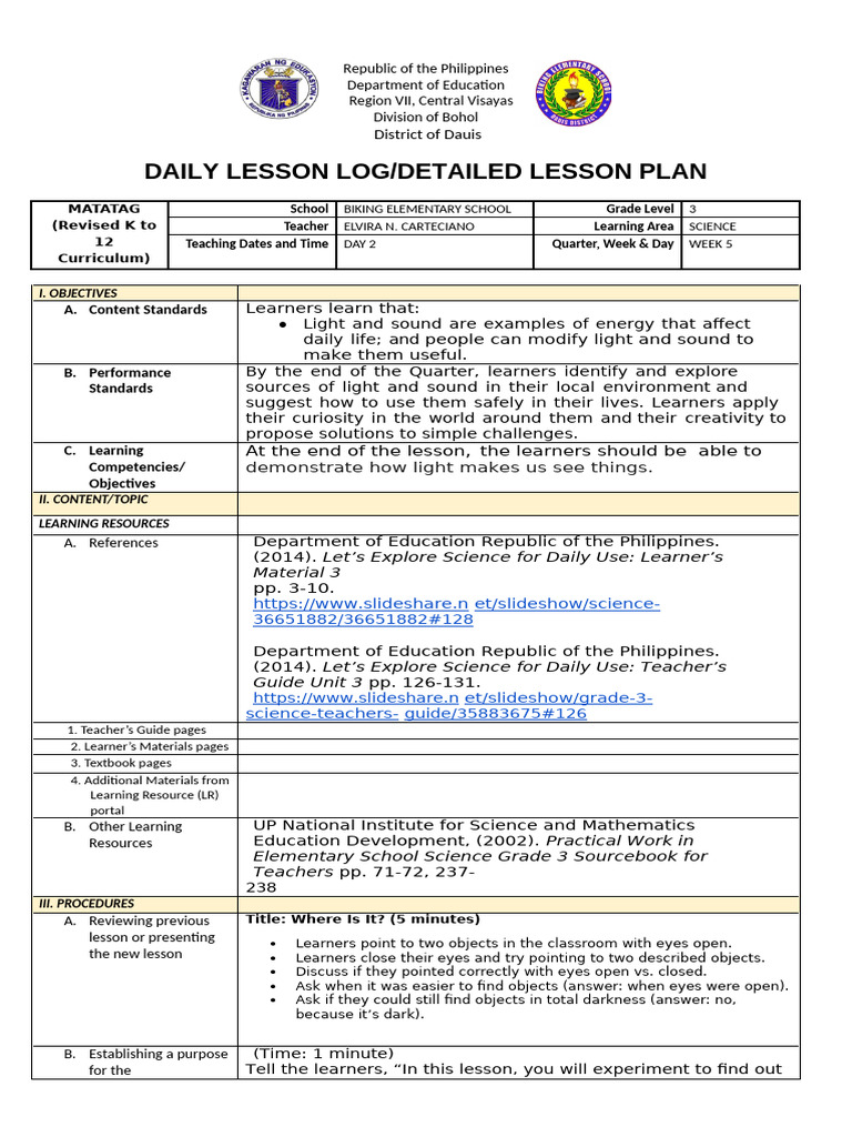 DLL DLP Template Science w5 d2 | PDF | Learning | Light