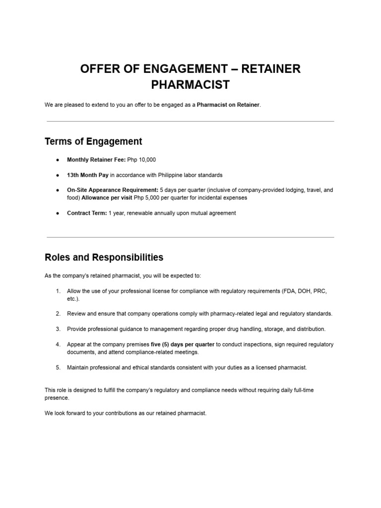 Retainer Offer for Pharmacist Services | PDF