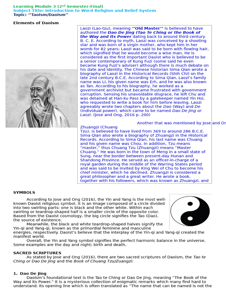 Daoism: Symbols, Scriptures, and Beliefs | PDF | Tao Te Ching | Tao