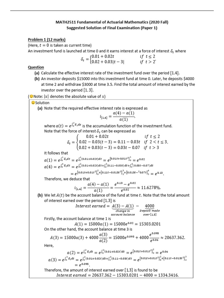Actuarial Math Exam Solutions 2020 | PDF | Bonds (Finance) | Present Value
