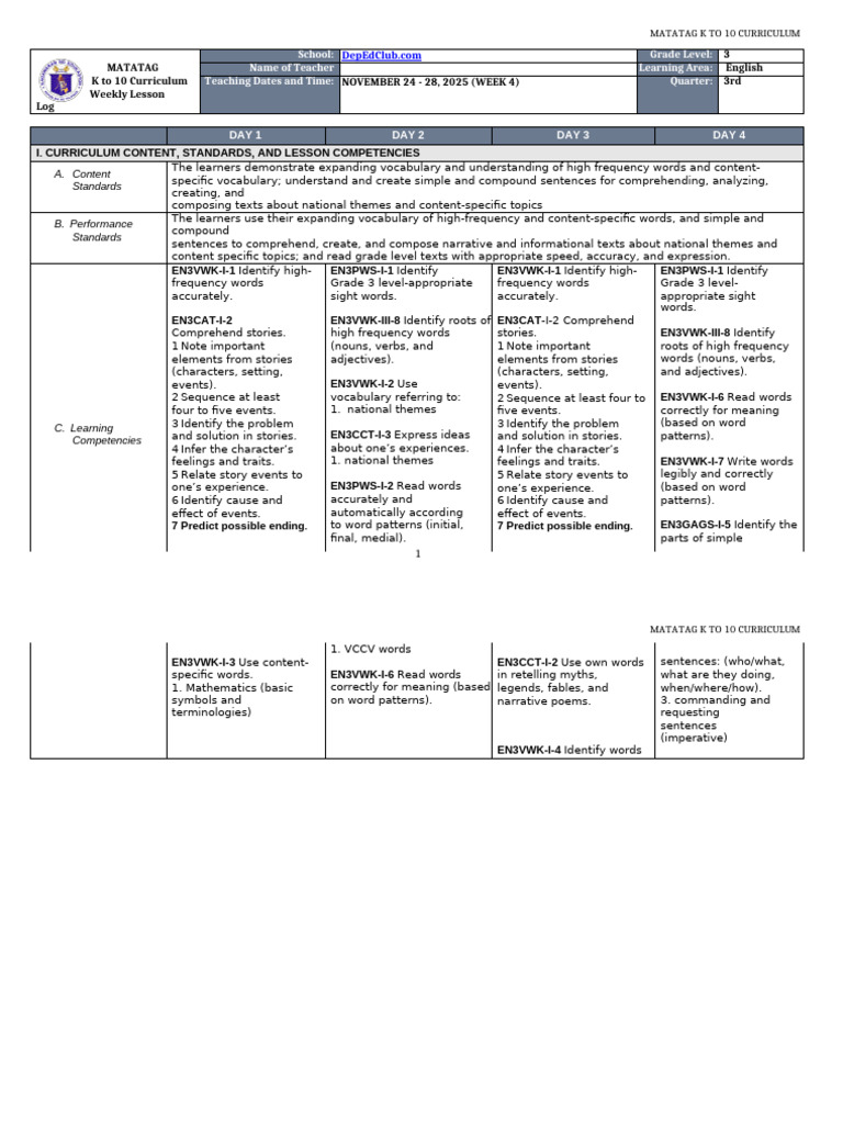 Grade 3 English Weekly Lesson Plan | PDF | Linguistics | Human ...