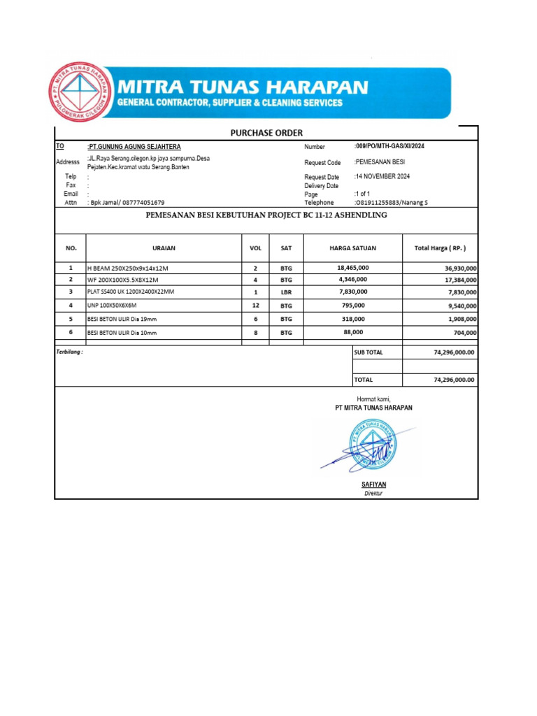 Pemesanan Besi untuk Project BC 11-12 | PDF