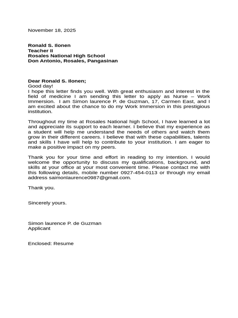Nurse Work Immersion Application Letter | PDF