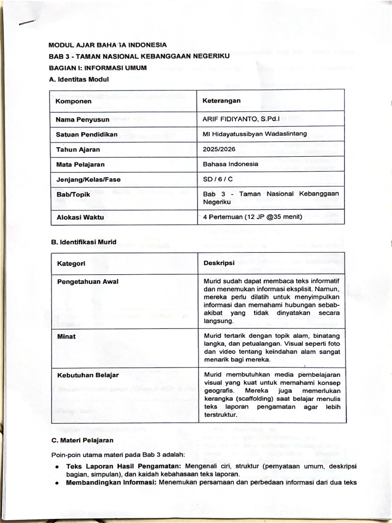 Modul Ajar Bahasa Indonesia KL 6 | PDF