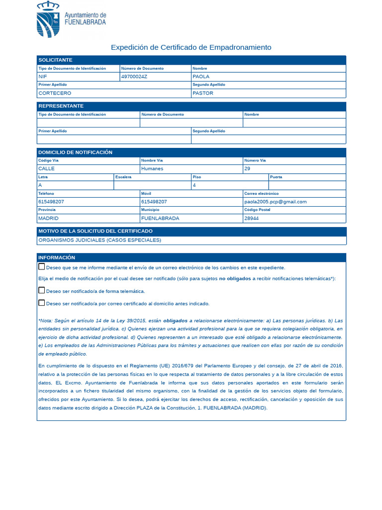 Solicitud de Certificado de Empadronamiento | PDF | Justicia | Crimen y ...