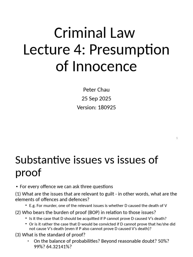 Criminal Law 2025-26 Lecture On Presumption of Innocence | PDF | Burden ...