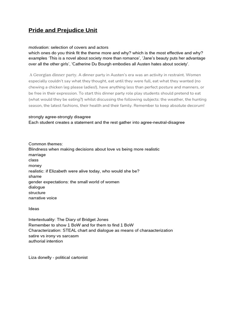 Pride and Prejudice Unit Plan Overview | PDF | Pride And Prejudice | Mr ...