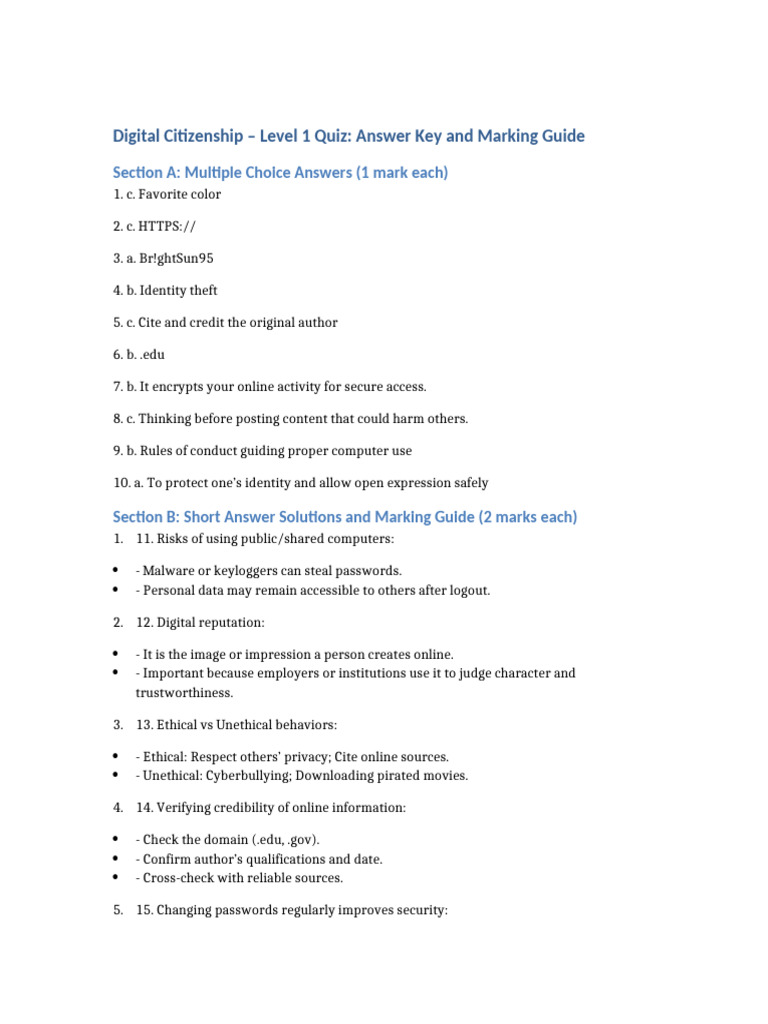 Digital Citizenship Level 1 Quiz Answers | PDF | Password | Privacy