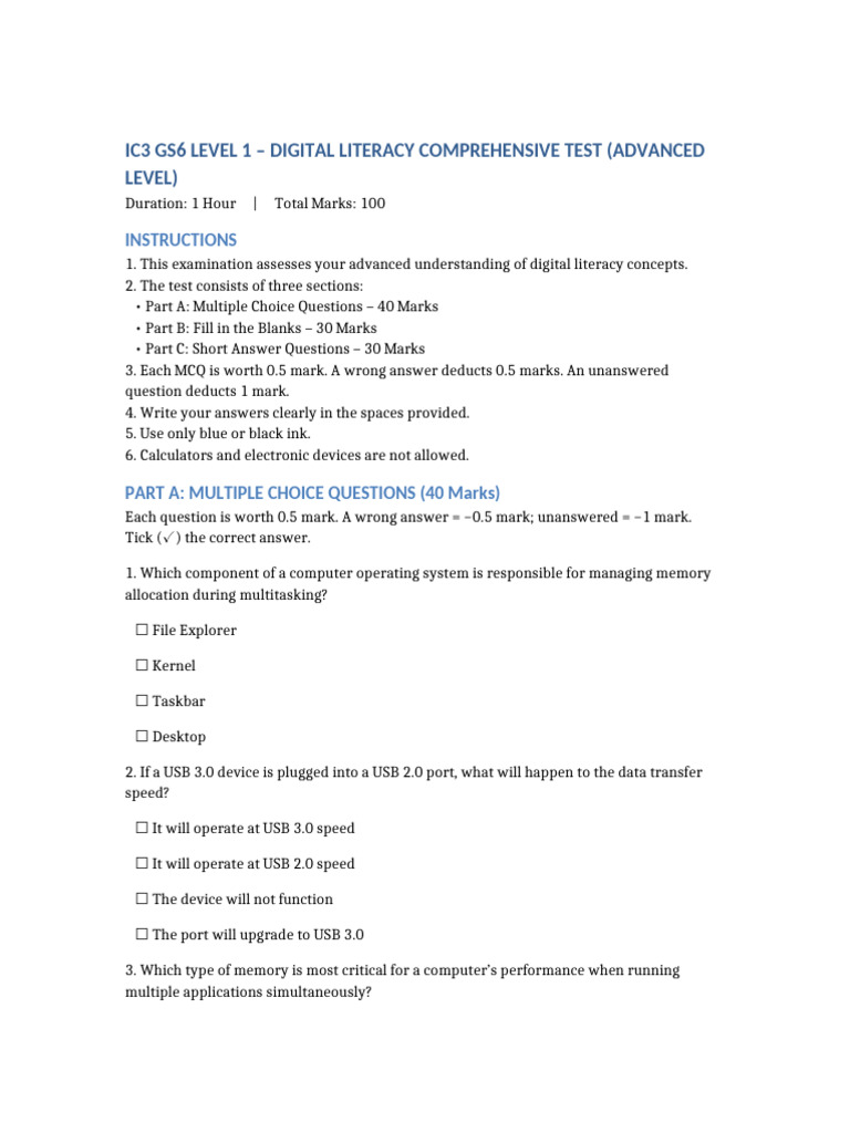 Advanced Digital Literacy Test IC3 GS6 | PDF | Computer Network ...