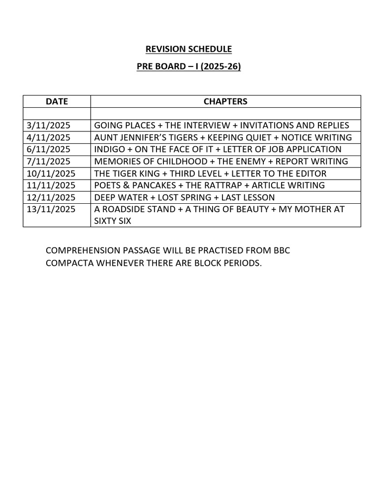 2025-26 Revision Schedule for Pre Board I | PDF