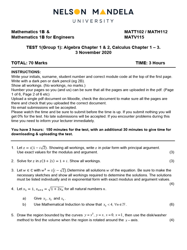 Mathematics 1B Test 1: Algebra & Calculus | PDF | Mathematics ...