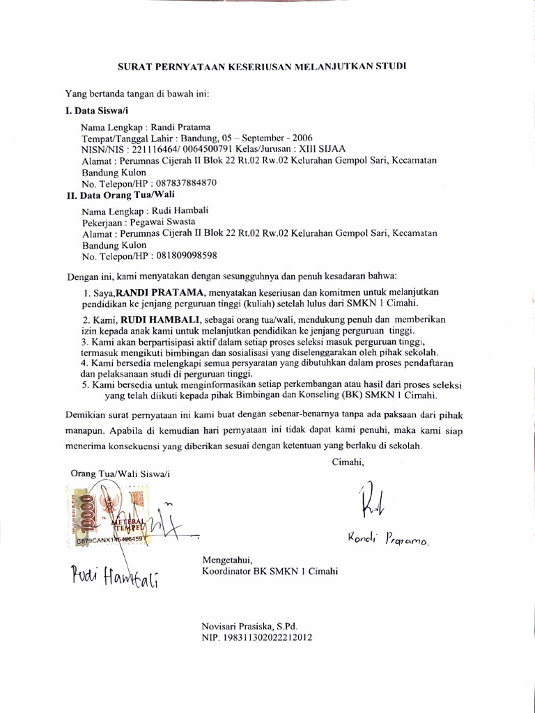 Randi Pratama - Xiii Sija A - Surat Pernyataan Keseriusan Melanjutkan ...