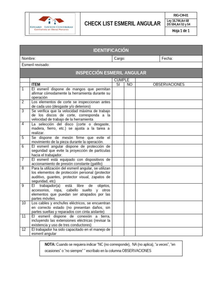 Inspección de Esmeril Angular: Checklist | PDF