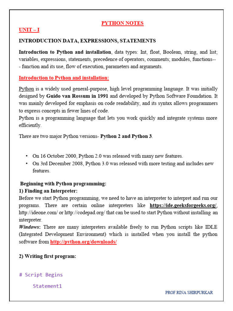 Python+Programming+Notes+ (Unit I, II, III, IV) | PDF | Parameter ...