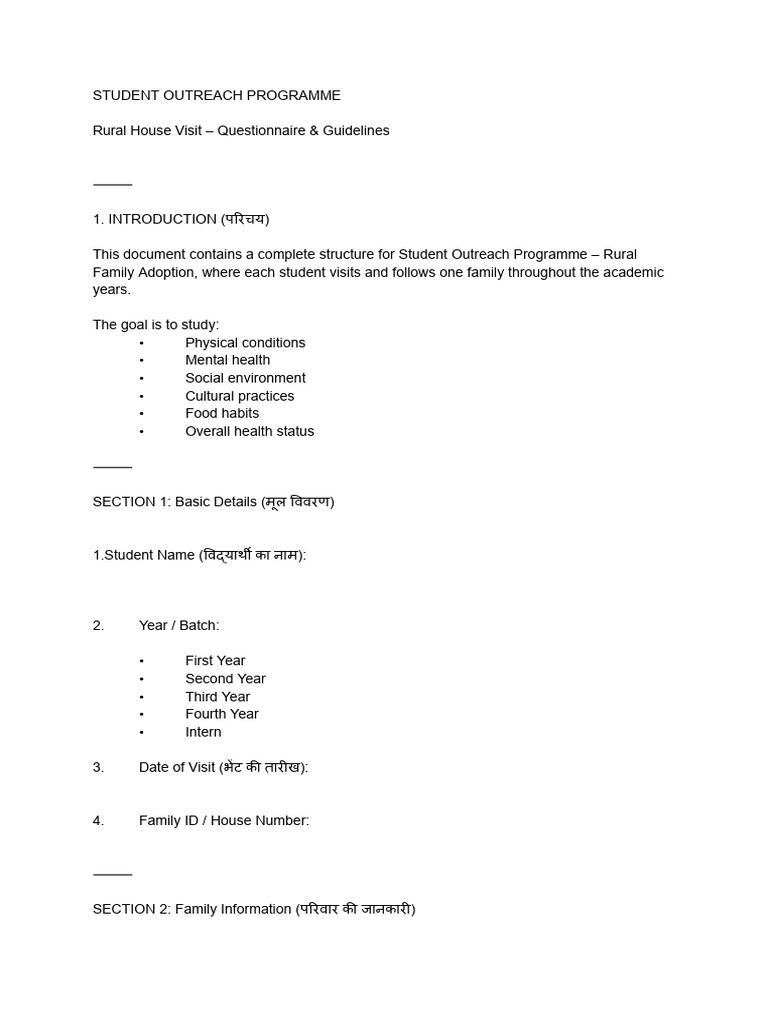 Student Outreach Program - Rural House Visit - Questionnaire ...