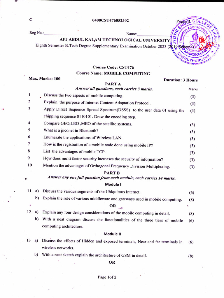 Mobile Computing Exam Questions 2023 | PDF | Computing | Computer Network