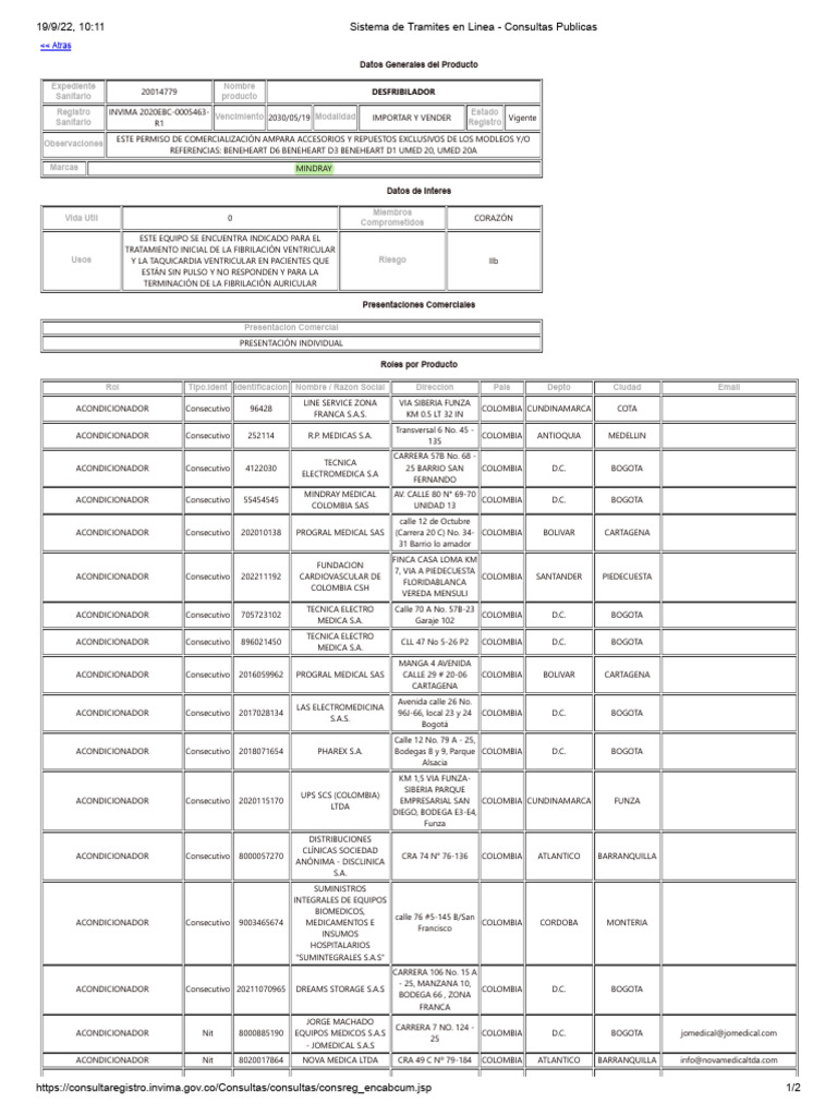 Registro Sanitario Desfibrilador Mindray | PDF