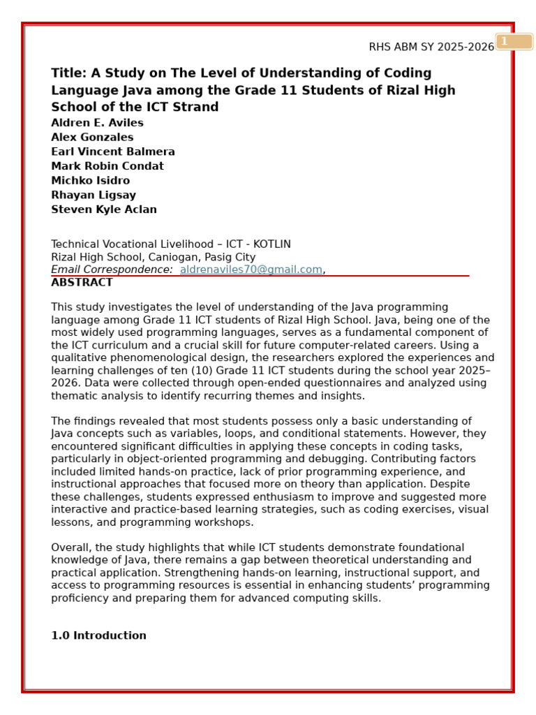Java Proficiency in Grade 11 ICT Students | PDF | Computer Programming ...