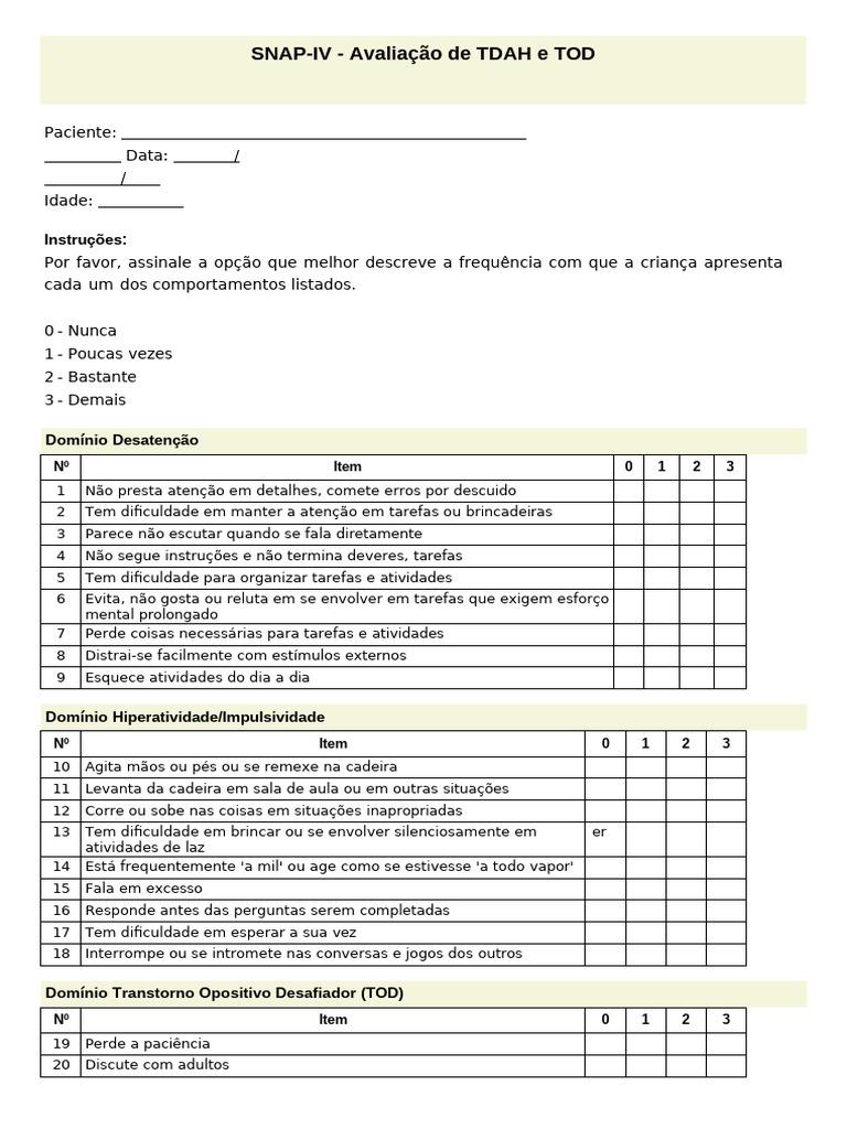 Escala Snap IV TDH Ou Tod | PDF