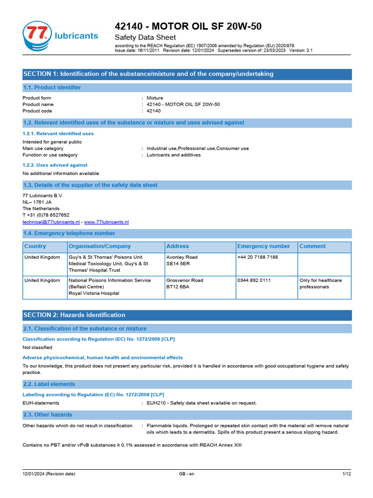 42140 Motor Oil SF 20W-50 Safety Data Sheet | PDF | Dangerous Goods ...