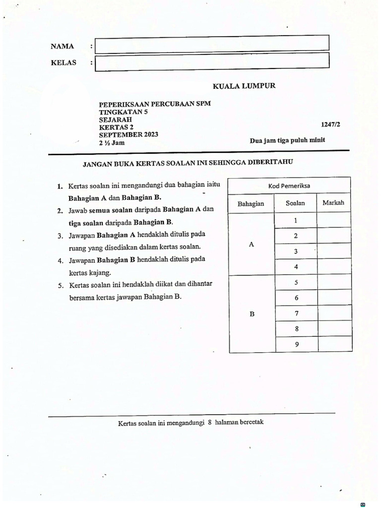 Sejarah K2 Trial SMKSS KL 2023 | PDF