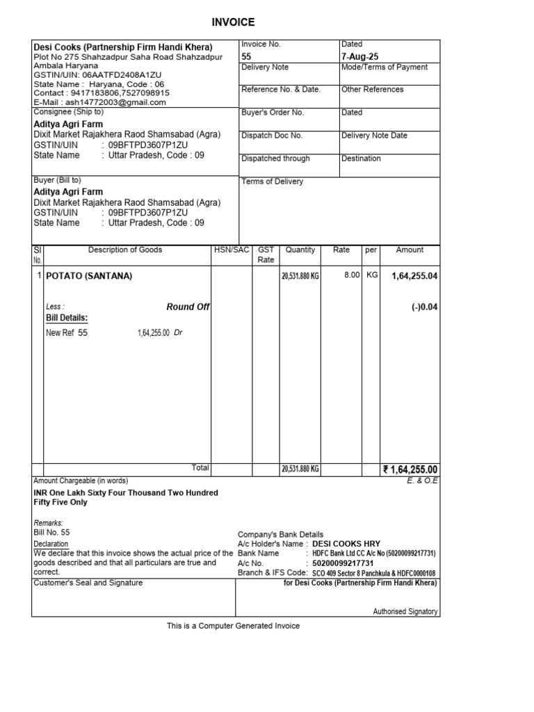 Invoice for Potato Supply to Aditya Farm | PDF | Invoice | Business ...