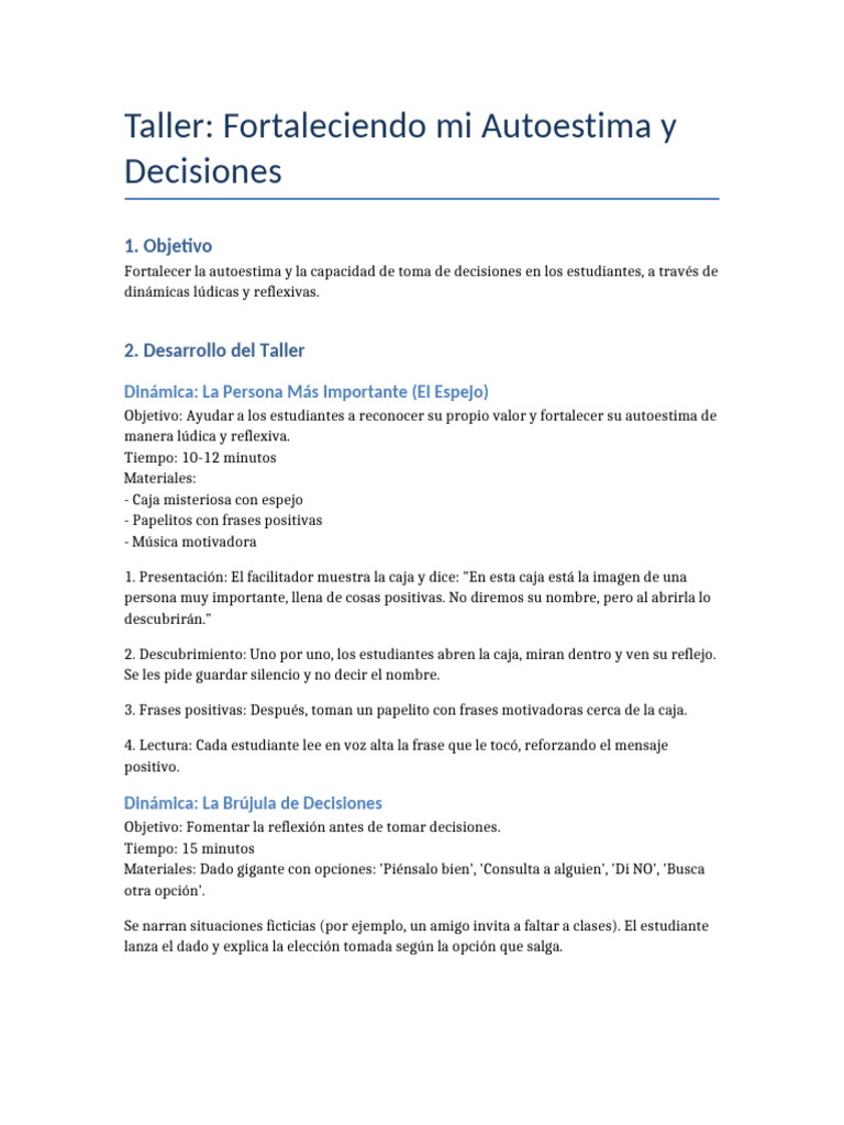 Taller de Autoestima y Decisiones | PDF