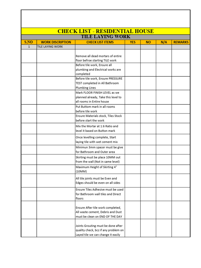 Tile Laying Checklist for Homes | PDF | Tile | Bathroom