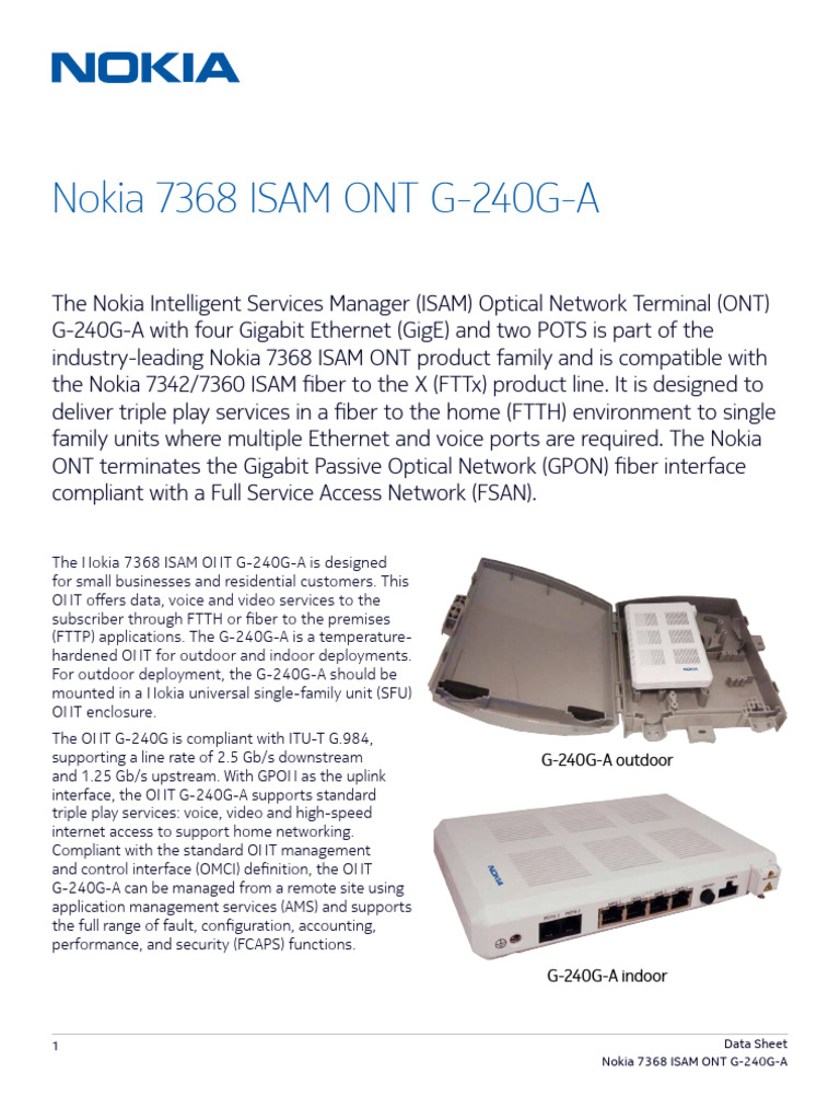 Nokia 7368 ISAM ONT G-240G-A Data Sheet | PDF | Fiber To The X ...