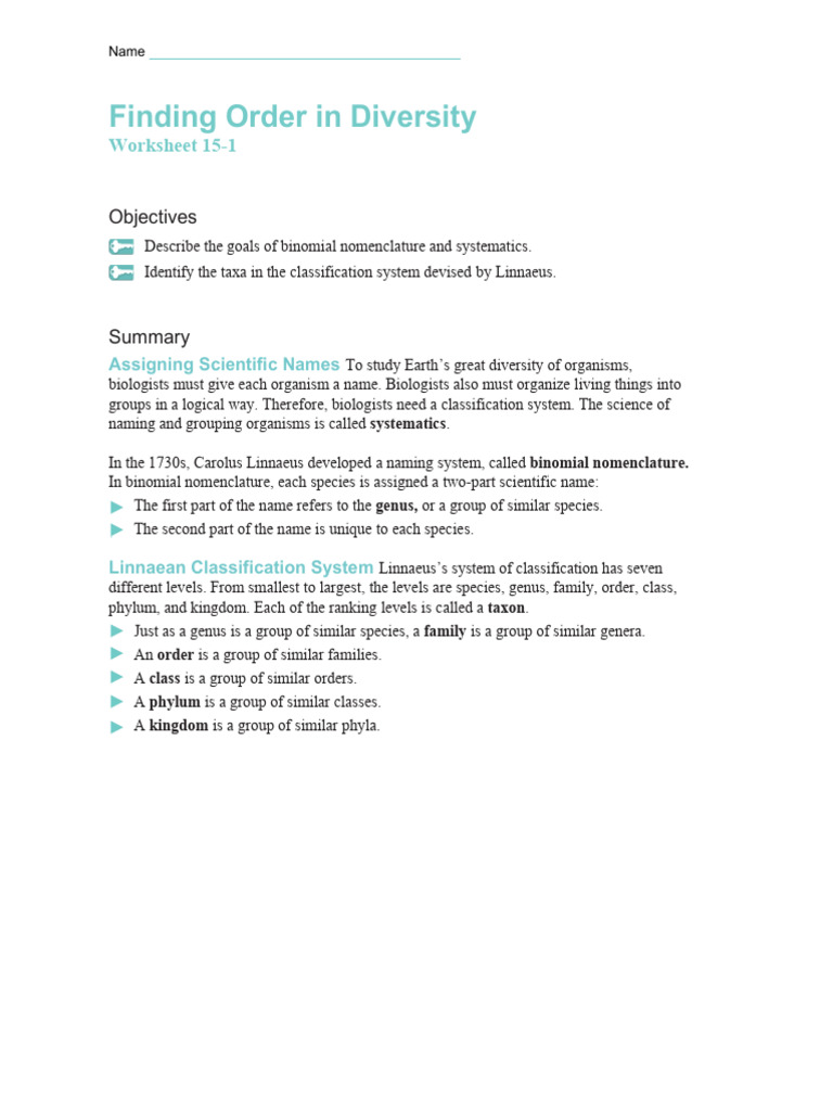 Systematics Worksheet AdvWS-A | PDF | Species | Genus