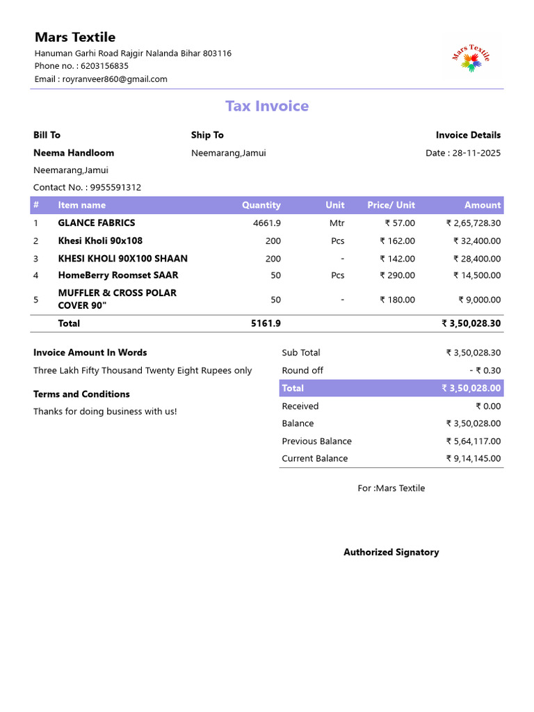 Tax Invoice - 28!11!25 Neema HL Jamui | PDF