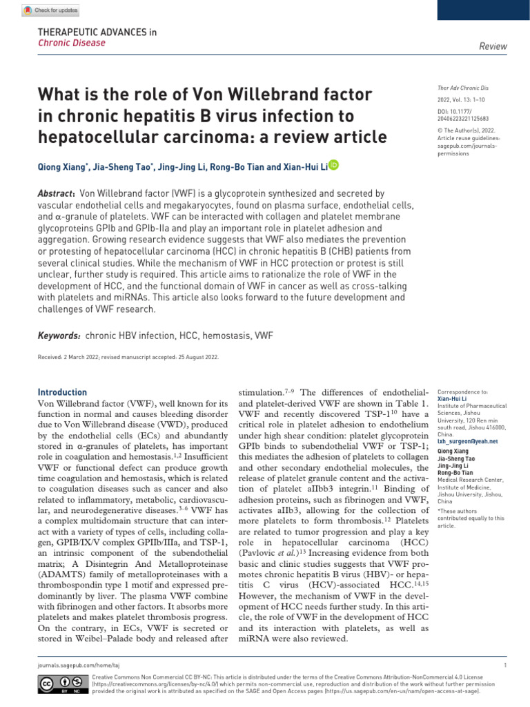 Xiang Et Al 2022 What Is The Role of Von Willebrand Factor in Chronic ...
