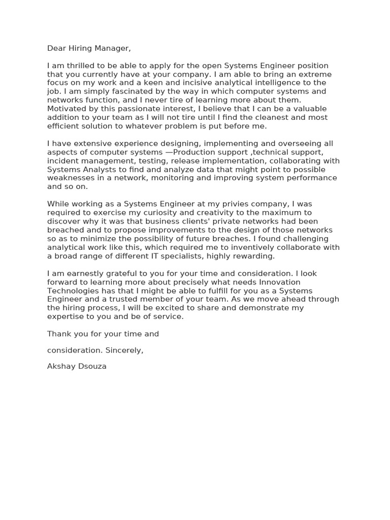 Systems Engineer Application Letter | PDF