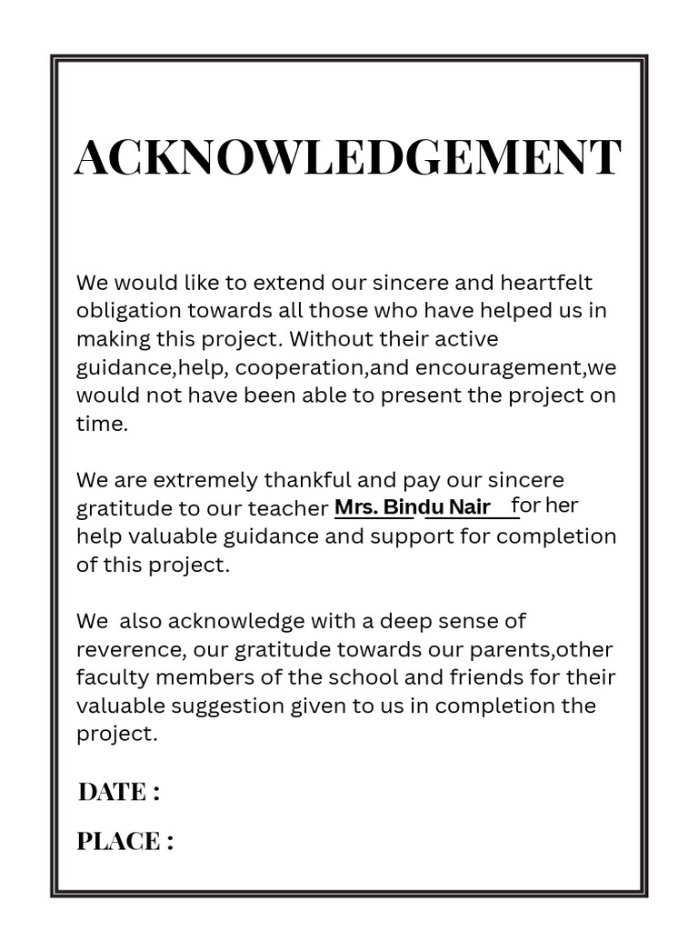 Acknowledgement: Date: Place | PDF